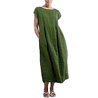 Women Cotton Linen Dress Summer Beach Casual Loose Sleeveless Maxi Dress Crewneck Baggy Flowy Dress with Pockets