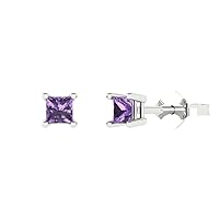 0.50 ct Princess Cut Solitaire Simulated Alexandrite Pair of Stud Everyday Earrings Solid 18K White Gold Butterfly Push Back