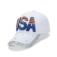USA Bling Hat, American Rhinestone Hat, Denim Distressed Baseball Cap for Independence Day