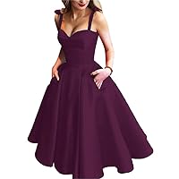 Women's Tea Length Sweetheart Spaghetti Strap Evening Dress Satin with Pockets A Line Prom Dress Grape Purple