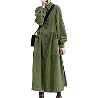 Oversized Retro Solid Dress Spring Lapel Pockets Corduroy Buttons Pleats Robe