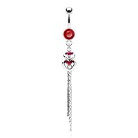 CZ Centered Double Hearts with Chain End Dangle 316L surgical Steel Belly WildKlass Rings (Sold by Piece)