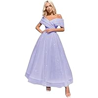 Women's Tulle Prom Dress Sparkly V-Neck Formal Dress Off Shoulder A-Line Party Gown BU168