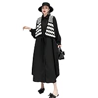 Women Long Sleeves Lapel Dress Loose Mid-Length Stripe Printing Splicing Sweater Fake Two Dress Spring Autumn