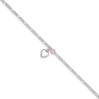 Sterling Silver Anklet 9 inch mm Cherry Quartz Dangling Hearts on Figaro Link