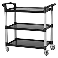 Service Cart Heavy Duty 3-Shelf Rolling Utility/Push Cart with Lockable Wheels, 360 lbs. Capacity, Black, for Foodservice/Restaurant/Cleaning (Black)