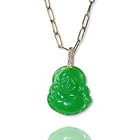 Laughing Buddha Green Green Jade Pendant Necklace Paper Clip Chain Genuine Certified Grade A Jadeite Jade Hand Crafted, Pink Jade Necklace, 14k Gold Finish Laughing Buddha Jade Green Necklace, Pink Jade Medallion, Mens Jewelry, Buddha Chain, Jade Chain