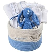 Baby Gift Basket with Personalized Baby Name - Organic, Blue, Boy - 3-6m