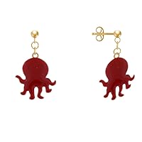 Gold Plated Earrings Red Enamel Octopus