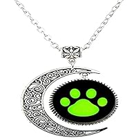 Fashion Cute Green Dog Cat Paw Glass Art photo Moon Necklace Man Woman Jewelry as Gifts