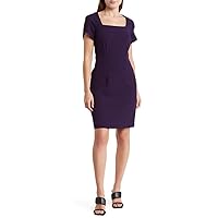 Connected Apparel Square Neck Petal Sleeve Zipper Closure Bodycon Solid Stretch Crepe Dress Eggplant / 10