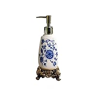 Vintage Ceramic Soap Dispenser for Bathroom Kitchen,Simple Painted Blue Flower Plant White Porcelain Hotel Home Decor,Empty Bottle Liquid Soap Dish Hand with Quick Press Pump