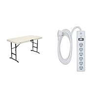 Lifetime 80387 4-Foot Commercial Adjustable Folding Table, Almond and GE 6-Outlet Surge Protector, 10 Ft Extension Cord, Power Strip, 800 Joules, Flat Plug, Twist-to-Close Safety Covers, UL Listed, White, 14092 Bundle