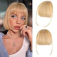 Clip in Bangs 100% Real Human Hair Extensions Blonde Bangs Clip on Fringe Bangs with nice net Natural Flat neat Bangs with Temples for women One Piece Hairpiece (Wispy Bangs,BlondeX)