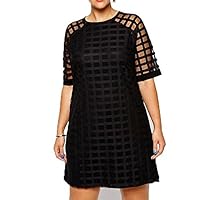 Women Plus Size Checkered Pattern O Neck Sheer Mesh Shirt Dress - Black, XXXL