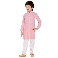 Boys Cotton Pajama Set, Full Sleeve Floral Kurta, Embroidered Design, Multiple Colors and Sizes (Pink, 10)