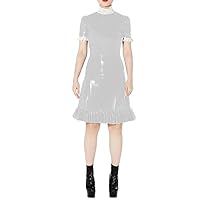 Elegant Knee Length Bodycon Dresses Shiny PVC Leather High Neck Short Sleeve Party Dress Female Slim Ruffles Dress