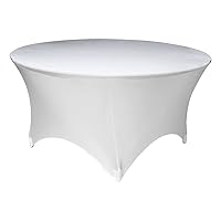 6 Pack 60 Inch Round White Fitted Spandex Cloth Fabric Linen Tablecloth Wedding Reception Bar Restaurant Banquet Party Stain and Wrinkle Resistant, Washable