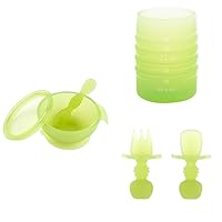 Bumkins Baby Bowl, Silicone Feeding Set with Suction for Baby and Toddler, Includes Double-Ended Spoon and Lid, Set of Chewtensils Training Utensils and Starter Cup, for Baby Led Weaning 4 Mos Up