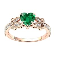 1.5 CT Art Deco Heart Shaped Emerald Engagement Ring 10K Rose Gold Emerald Antique Wedding Ring Unique Leaf Style Ring Heart Shape Engagement Ring