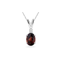January Birthstone - Garnet One Diamond Accented Garnet Solitaire Pendant AAA Oval Checkered Shape in Platinum Available from 7x5mm - 14x10mm