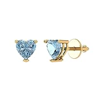 0.9ct Heart Cut Solitaire Natural Sky Blue Aquamarine Unisex pair of Stud Earrings 14k Yellow Gold Screw Back conflict free