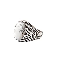 White Howlite Mans Ring, Natural Howlite Ring, Spiritual Birthstone, Mens Ring, Heavy 925 Sterling Silver, Handmade Jewelry, Ottoman Turkish Arabic Ring, Christmas, Unisex, Wedding, Natural Gemstone Ring, Q-1166