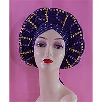 Gold Lace Fabrics Fashion African Women Party Headtie Turban Cap Gele ASO Oke Material with Baeds 1 Set by MSB Fabric co.1063