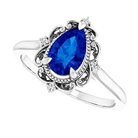 Vintage 1.5 CT Pear Shaped Blue Sapphire Ring, 18k White Gold, Tear Drop Ring