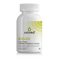 Uni.ved's B12+D3, Methylcobalamin (98%), Methyltetrahydrofolate (5-MTHF), Vitamin D3 (Cholecalciferol), Bone, Cognitive, Immune, & Cardiovascular Support 180 Vegan Capsules