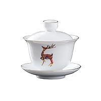 Porcelain Gaiwan 8oz Teacup White Glazed Tureen Chinese Sancai Cover Bowl Lip Cup Saucer Set (Red Deer)