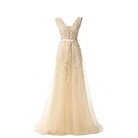 Women's V-Neck Tulle Beaded Appliques Long Evening Cocktail Gowns Formal Dress