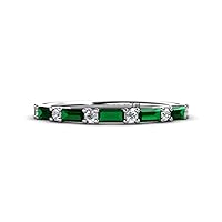 Baguette Lab Created Emerald and Natural Round Diamond 3/4 ctw Womens Wedding Band Stackable in 14K White Gold 6.0