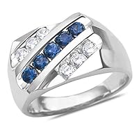 The Diamond Deal 10k SOLID White Gold Mens 3 Row Slant Round Shaped 1/2ct Diamond And Sapphire Gemstone Wedding Band Ring