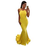 Women's Satin Mermaid Evening Prom Dresses Sweep Train Backless Formal Ball Gowns