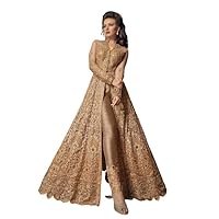 Survauttam Fashion Crystal Stone Work Soft Premium Net Wedding Wear Readymade Gown In Golden Color