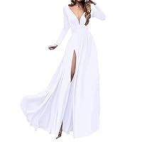 Women's Long Sleeve Deep V Neck Prom Dress Side Split Chiffon Party Gown Dress