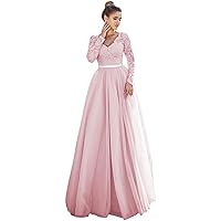 Women's Lace Long Sleeves Prom Dress A Line Long Beaded Formal Evening Gowns Tulle