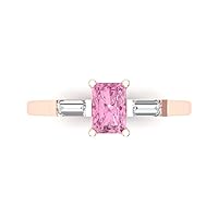 1.02ct Emerald Baguette cut 3 stone Solitaire with Accent Pink Simulated Diamond designer Statement Ring 14k Rose Gold