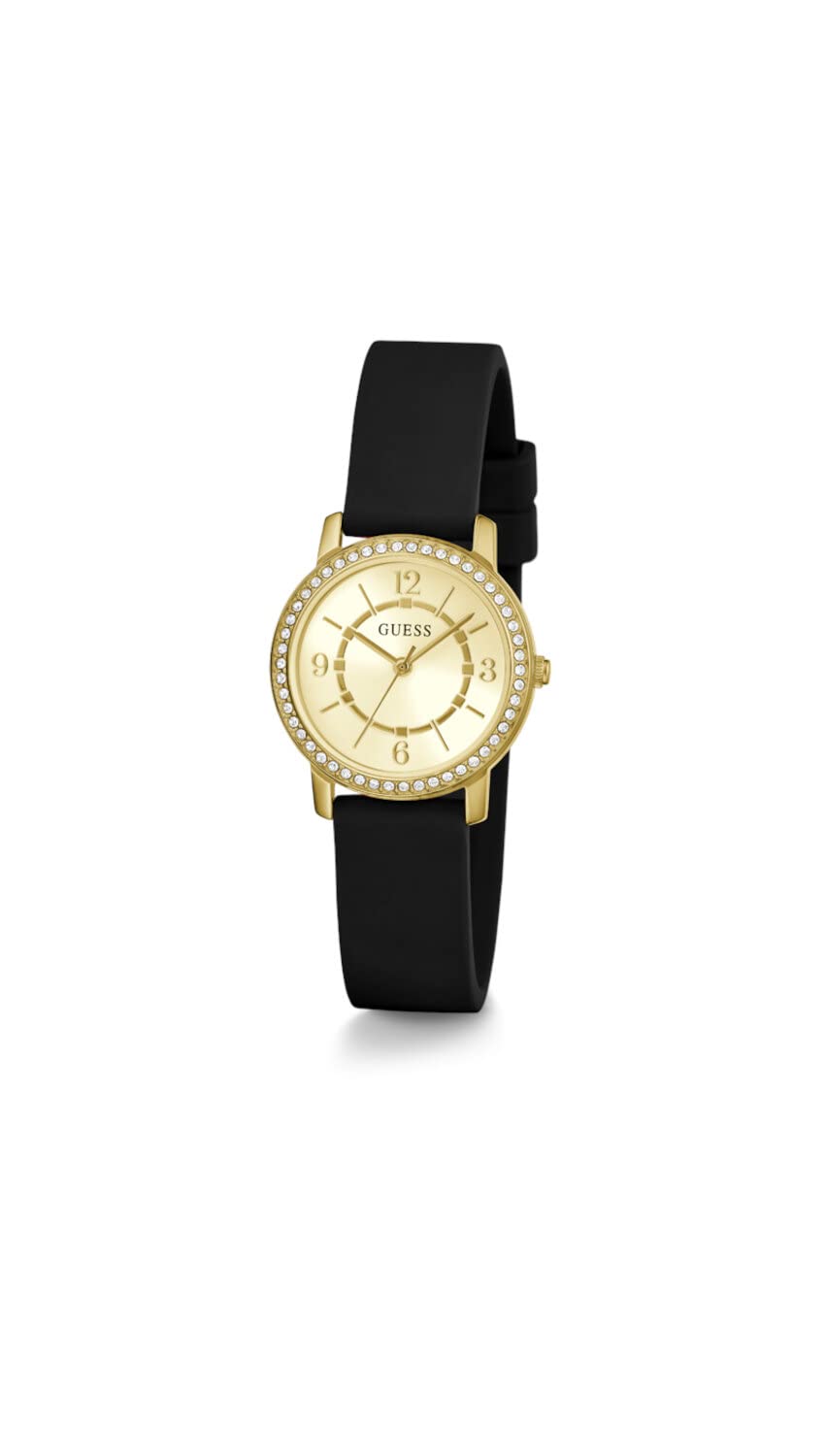 GUESS Ladies 28mm Watch - Black Strap Champagne Dial Gold Tone Case