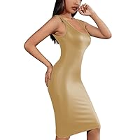 Women Tank Midi Dress Sexy Summer Solid Color O-Neck Sleeveless Dress PU Patent Leather Casual Bodycon Dress Party Clubwear