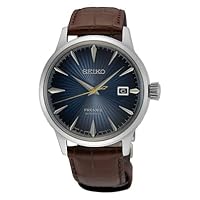 SEIKO Men's Blue Sunray Dial Brown Leather Band Presage Cocktail Time Automatic Analog Watch