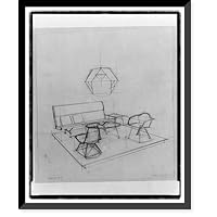 Historic Framed Print, [Sketch of Herman Miller showroom with Eames furniture and hanging polyhedron], 17-7/8