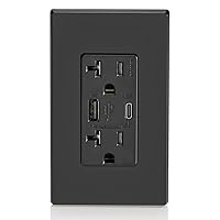 Leviton T5834-E 60W (20V@2.5A+ 5V@2A) USB Dual Type A/Type-C Power Delivery in-Wall Charger with 20A Tamper-Resistant Outlet, USB Charger for Smartphones, Tablets, Laptops, Black
