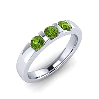 Sterling Silver 925 Peridot Round 4.00mm Three Stone Ring With Rhodium Plated | Beautiful Evergreen Design Ring For Everyday Accessories