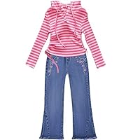 Peacolate 2-10Years Little Big Girls 2pcs Clothing Set T Shirt and Blue Butterfly Embroidered Bootcut Jeans(pink strip hoodie,6-7Years)