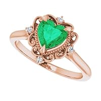 Vintage Heart Shape Emerald Diamond Ring 1 CT 14K Gold, Victorian Green Emerald Engagement Ring, Antique Emerald Ring, May Birthstone, Filigree Wedding Ring, Art Deco Bridal Ring