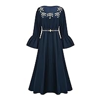 Women's Embroidery Long Dress with Belt Square Neck Party Dress Flare Long Sleeve Maxi Robes