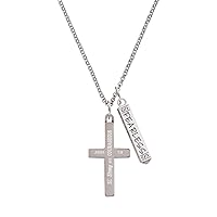 Stainless Steel Bible Verse Engraved Cross - Silvertone Fearless Bar Charm Necklace, 23