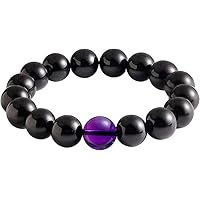 10mm Black Obsidian with Amethyst Womens Mens Bracelet Stretch Healing Crystal Beads Gemstone Unisex 7